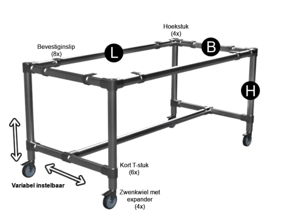 Zwarte steigerbuis bartafel onderstel Ø 42,4 mm zwenkwielen Ø 75 mm